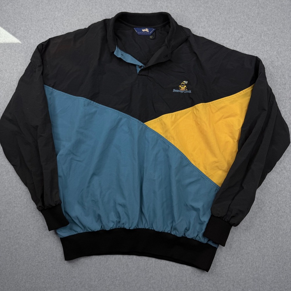 Vintage Duckster Beaver Creek Windbreaker Pullover XL Colorblock Black Blue USA